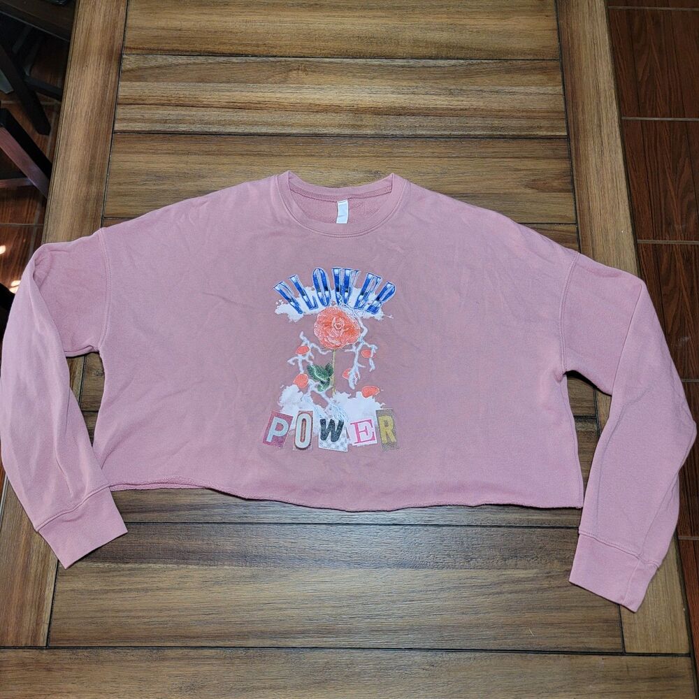 Pastel Pink LS Oversized Crop Sweatshirt "Flower Power" - Size Large